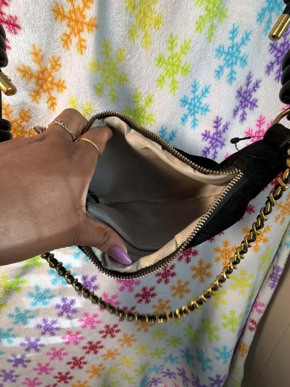 Black Faux Suede Crescent Moon Shoulder Bag with Chain and Knot Detail